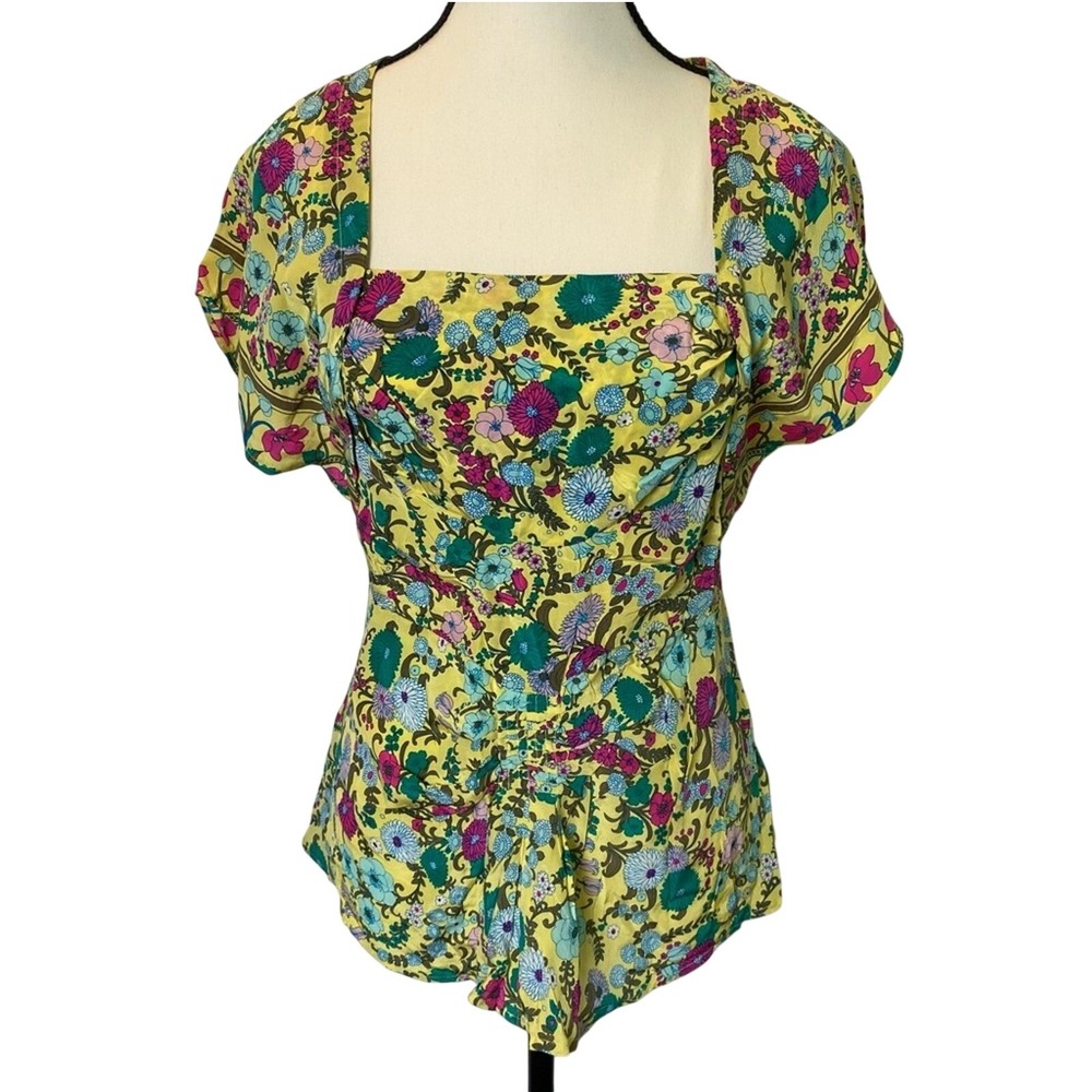 Plenty by Tracy Reese Silk Short Sleeve Blouse Size 4 Yellow Floral Oriental